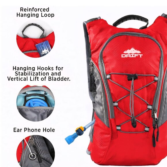 Drift NWT Hydration Backpack With Bladder Red Ripstop Zip Pockets 16"x10" Unisex - Picture 12 of 13